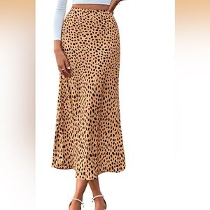 Satin High Waisted Leopard Print Midi Skirt